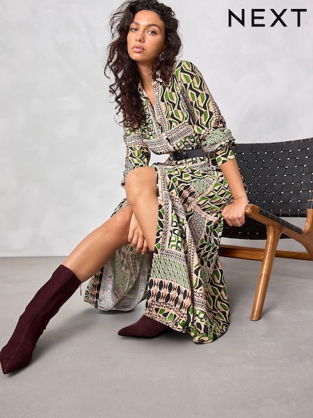 Green & Black Geometric Print Long Sleeve Midi Shirt Dress (F46094) | £60