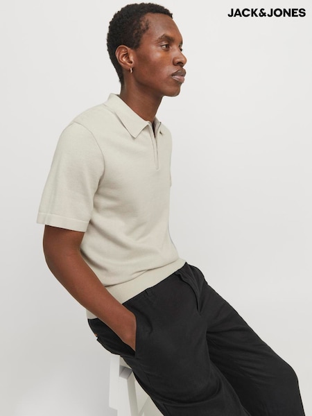 JACK & JONES Grey Grey Knitted Quarter Zip Polo Shirt (F46096) | £30