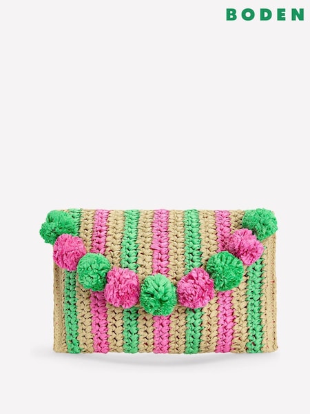 Boden Pink Pompom Raffia Clutch Bag (F46200) | £52