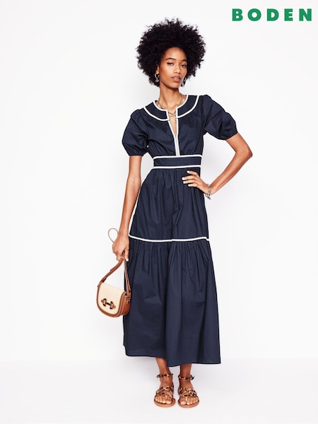 Boden Blue Rhea Embroidered Midi 100% Cotton Dress (F46205) | £136
