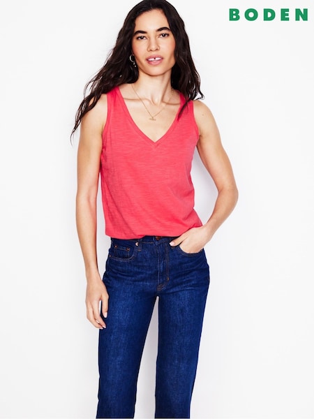 Boden Pink Regular V-Neck Slub 100% Cotton Vest (F46275) | £24