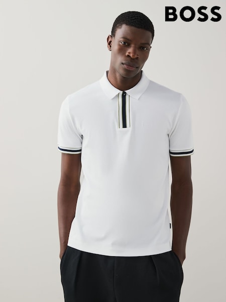 BOSS White Regular Fit Logo Parlay 100% Cotton Polo Shirt (F46333) | £119