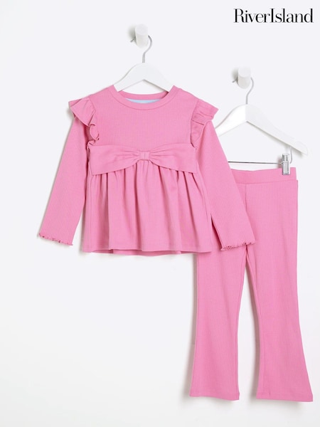 River Island Pink Girls Bow Peplum Kickflare Set (F46981) | £15