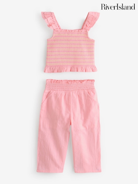 River Island Pink Girls Shirred Flutter Sleeve 100% Cotton Set (F46989) | £24