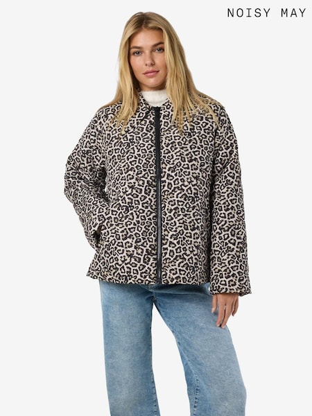 NOISY MAY Brown Leopard Print Quilted Zip Up Jacket (F47380) | £44