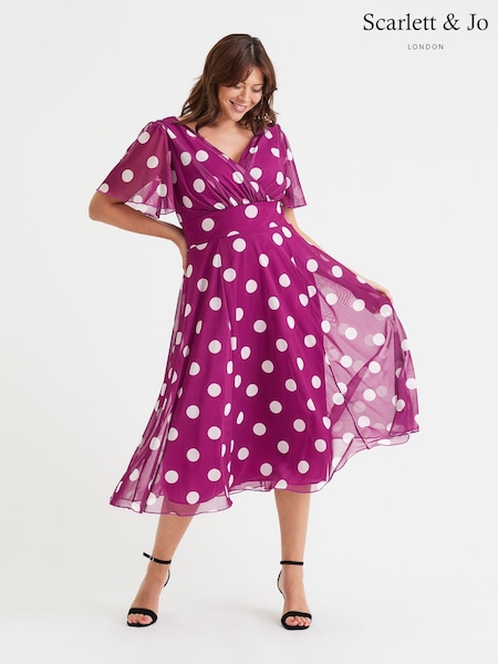 Scarlett & Jo Pink Victoria Spot Print Angel Sleeve Mesh Midi Dress (F47802) | £85
