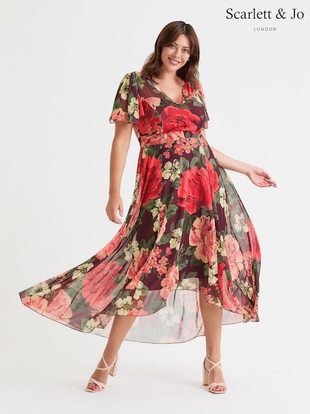 Scarlett & Jo Wine Rose Tilly  Wine Rose Print Angel Sleeve Sweetheart Dress (F47811) | £90