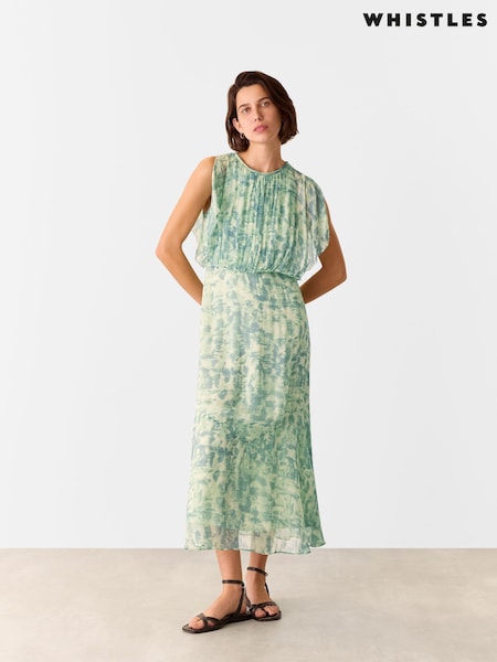 Whistles Green Petite Dashed Brush Marks Midi Dress (F47828) | £199