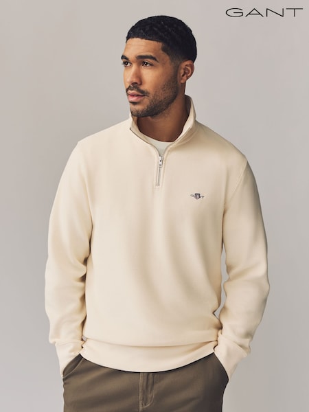 GANT Cream Textured 100% Cotton Half Zip Jumper (F47859) | £125