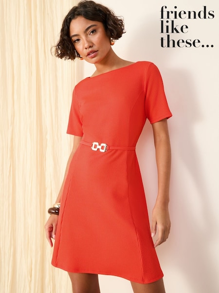 Friends Like These Red Mini Short Sleeve Textured Buckle Dress (F47887) | £38