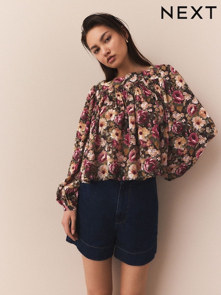 Brown/Pink Vintage Floral Print Square Neck Blouse (F47889) | £38