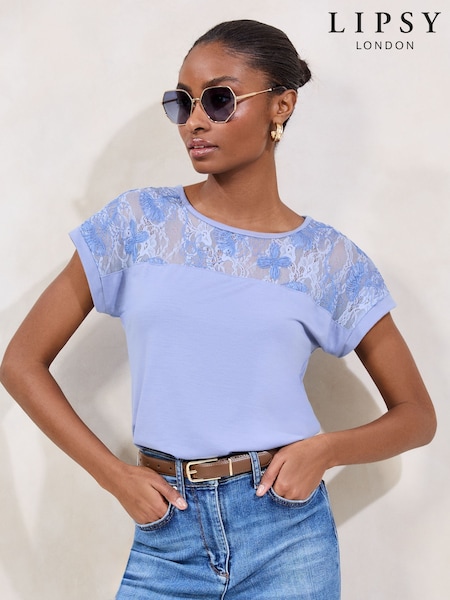 Lipsy Blue Lace Yoke Detail T-Shirt (F47896) | £29