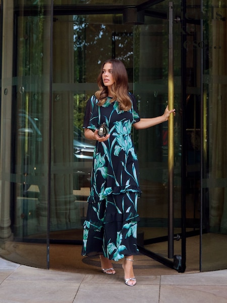 Friends Like These Black/Teal Floral Print Chiffon Angel Sleeve Tiered Hem Maxi Dress (F47917) | £59