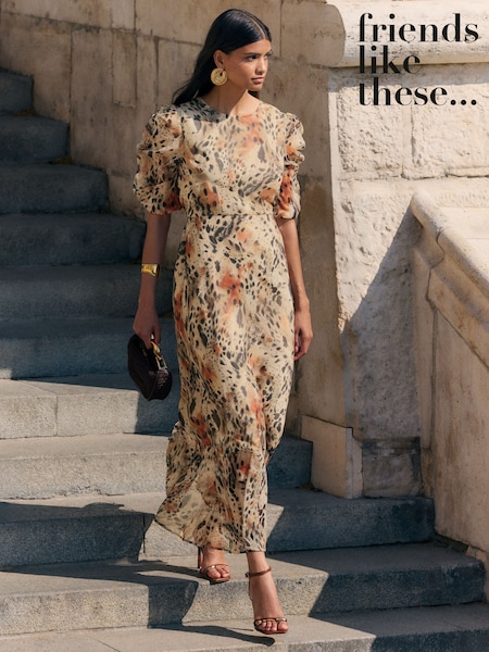 Friends Like These Brown Animal Chiffon Ruched Sleeve Frill Hem Maxi Dress (F47920) | £49