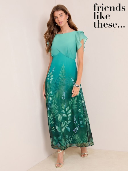 Friends Like These Teal Blue Chiffon Flutter Sleeve Placement Print Maxi Dress (F47938) | £69