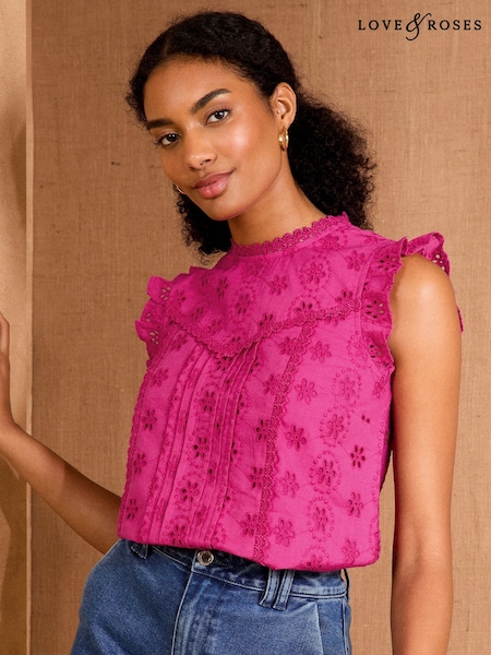 Love & Roses Pink Broderie Crew Neck Shell Top (F47948) | £36