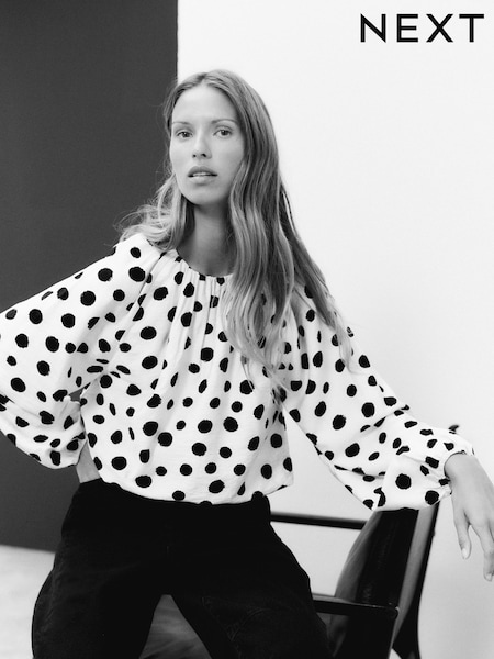 Cream/Black Polka Dot Long Sleeve Bubble Hem Top (F47949) | £28
