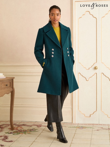 Love & Roses Teal Blue Military Button Coat (F47951) | £90