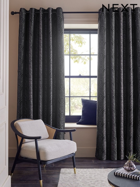 Black Leopard Animal Print Jacquard Eyelet Lined Curtains (F48034) | £100 - £220