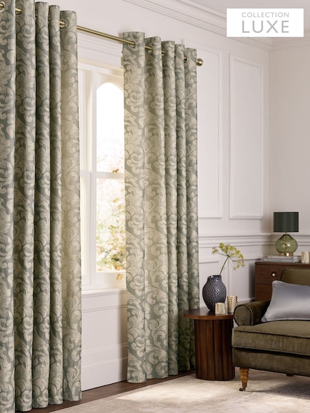 Blue/Champagne Collection Luxe Damask Jacquard Eyelet Lined Curtains (F48036) | £90 - £190
