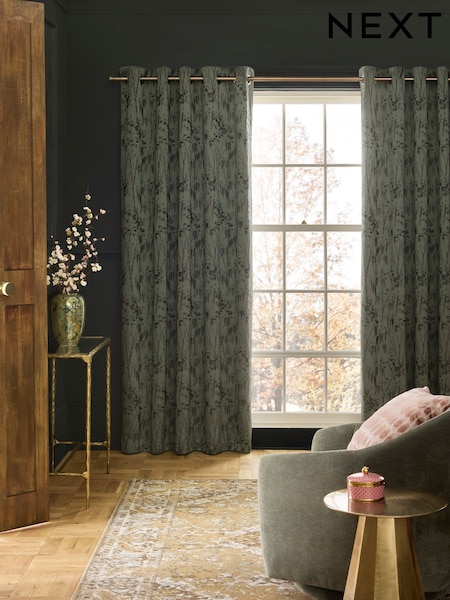 Green Tree Jacquard Eyelet Lined Curtains (F48040) | £70 - £155