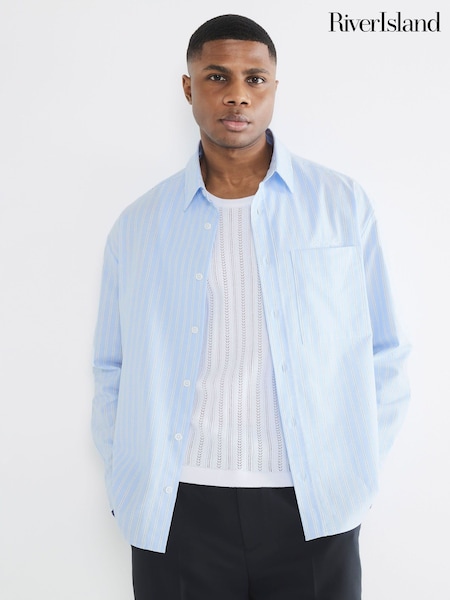 River Island Blue Long Sleeve Striped Oxford 100% Cotton Shirt (F48044) | £36