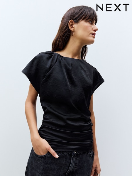 Black Satin Ruched Short Sleeve Top (F48046) | £34