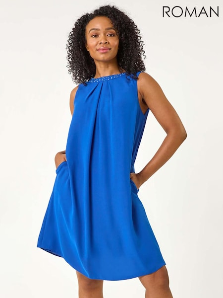 Roman Blue Hotfix Trim Detail Gathered Dress (F48070) | £65