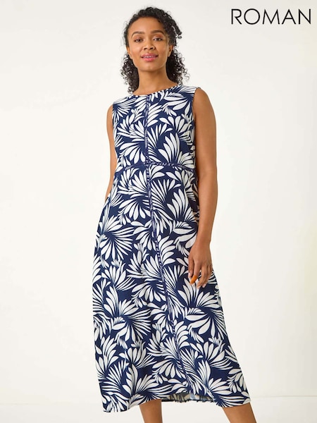Roman Blue Petite Tropical Trim Midi Dress (F48078) | £55