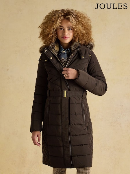 Joules Aspen Brown Showerproof Longline Padded Coat with Faux Fur Hood (F48225) | £199