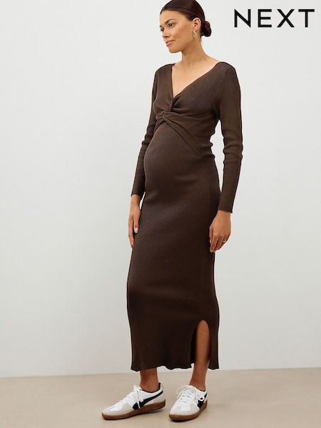 Chocolate Brown Maternity Twist Front Knit Dress (F48235) | £40