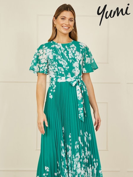 Yumi Green Mirror Floral Design Pleated Midi Dress (F48250) | £75