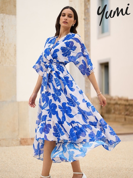 Yumi Light Blue Kimono Sleeves Midi Dip Hem Wrap Midi Dress (F48257) | £60