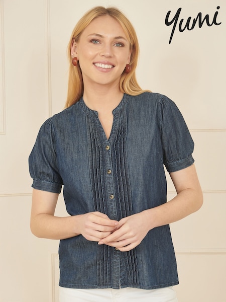 Yumi Blue Chambray Pleated Denim 100% Cotton Shirt (F48263) | £45