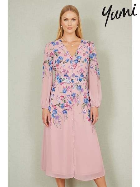 Yumi Pink Floral Placement Button Down Midi Dress With Long Sleeves (F48269) | £75