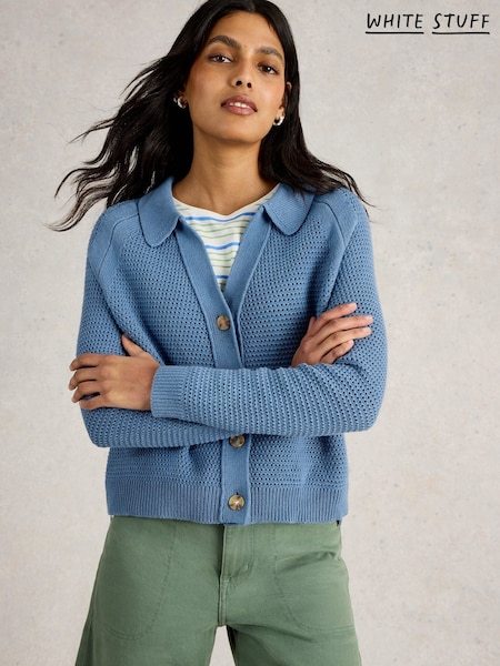 White Stuff Blue Chaterly Collar 100% Cotton Cardigan (F48276) | £59