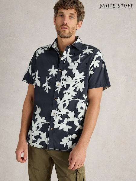 White Stuff Blue Blossom Short Sleeve 100% Cotton Printed Shirt (F48331) | £45