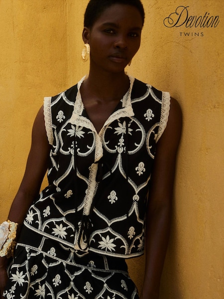 Devotion Twins Black CANNY Embroidered Tie front 100% Cotton Blouse (F48580) | £190