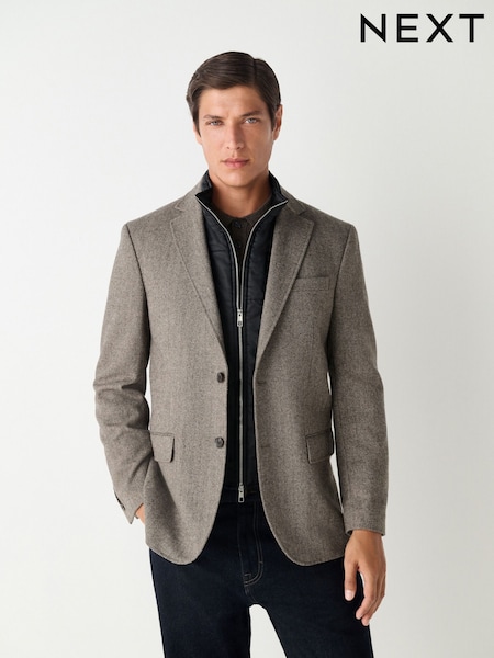 Taupe Regular Fit Herringbone Wool Rich Hybrid Blazer With Internal Gilet (F48631) | £119