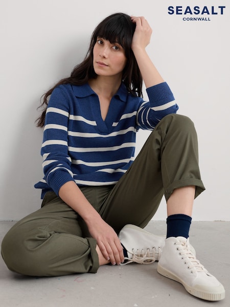 Seasalt Cornwall Blue Barbizan Long Sleeve Collared 100% Cotton Jumper (F48649) | £63