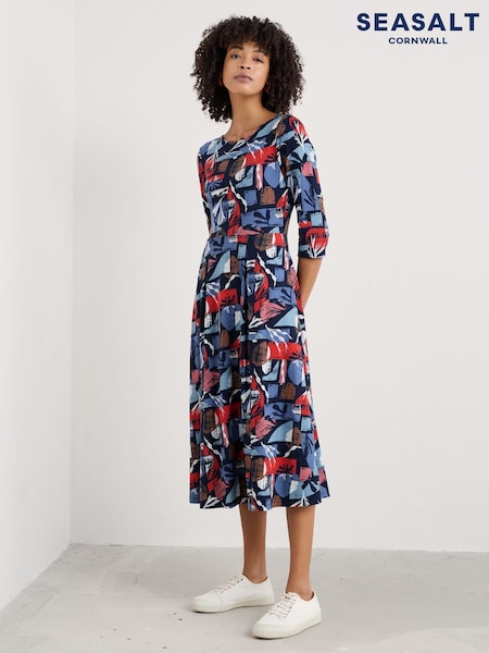 Seasalt Cornwall Black Wild Bouquet 3/4 Sleeve Midi Dress (F48658) | £70