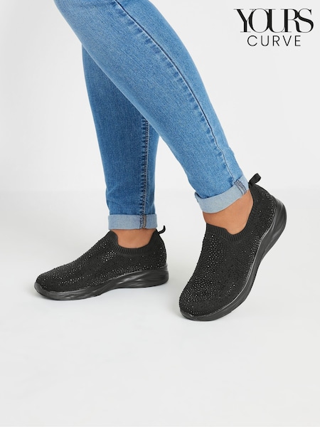 Yours Curve Black Extra-Wide Fit Slip On Diamante Trainers (F48728) | £34