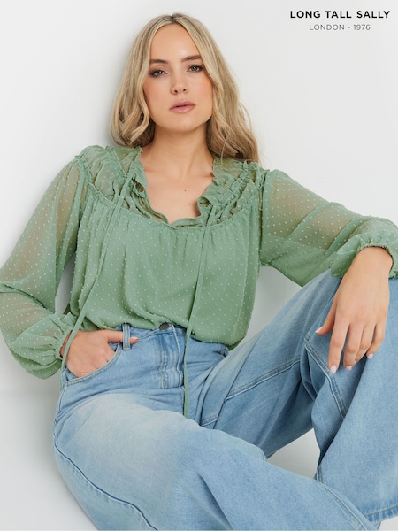 Long Tall Sally Green Dobby Shirred Tie Blouse (F48771) | £30