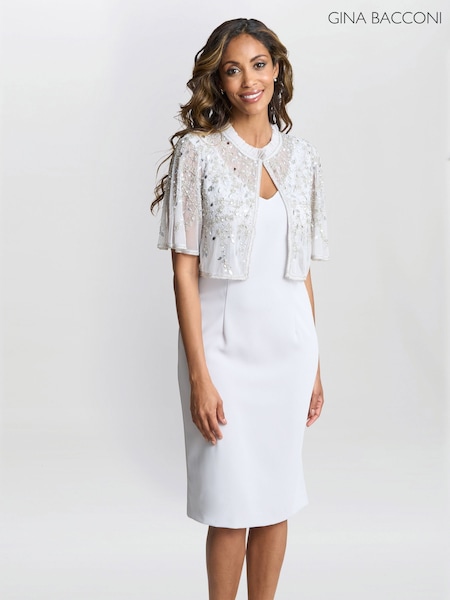 Gina Bacconi Silver Monica Beaded Jacket With Stand Frill Neck And Butterfly Sleeve (F48799) | £280