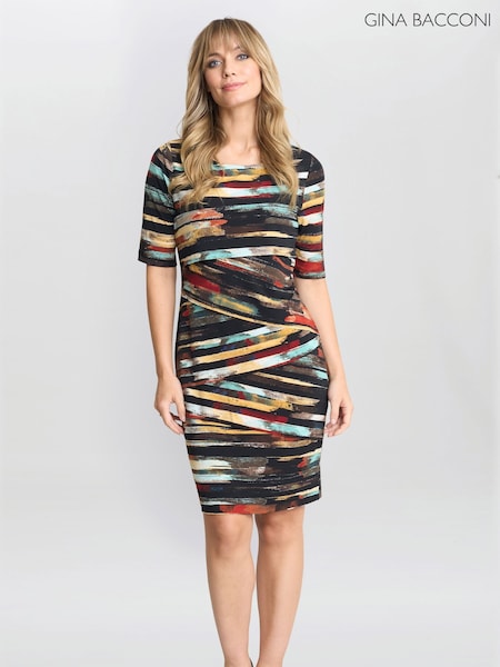 Gina Bacconi Rene Stripe Print Layered Black Dress (F48805) | £130