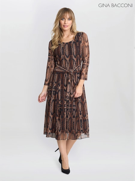 Gina Bacconi Anya Snake Print Long Sleeve Mesh Brown Dress (F48809) | £130
