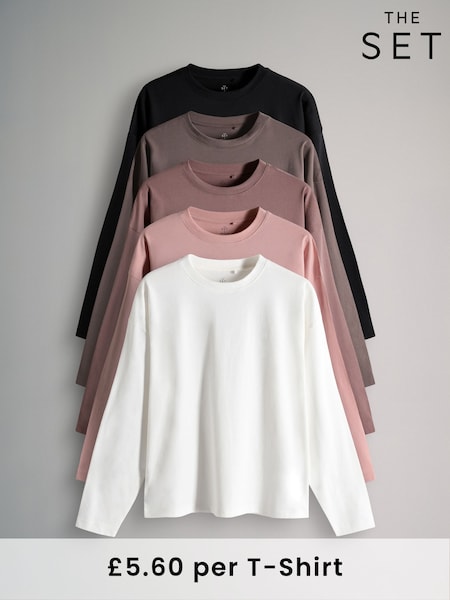 The Set White/Pale Pink/Mauve Pink/Light Brown/Black 5 Pack Relaxed Long Sleeved T-Shirts (F48821) | £28