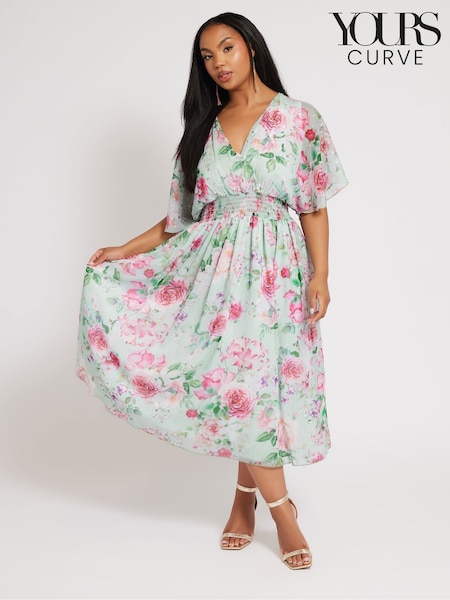 Yours Curve Green London Metallic Spot Shirred Dress (F48822) | £70