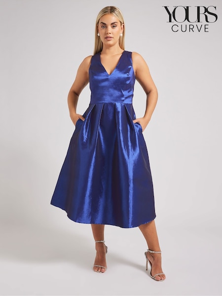 Yours Curve Blue London V-Neck Pleated Dress With Pockets (F48842) | £80
