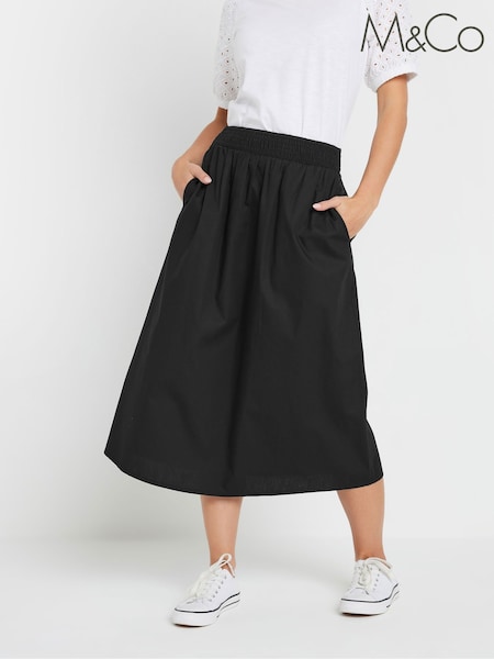 M&Co Black Petite Poplin Midi 100% Cotton Skirt (F48870) | £33
